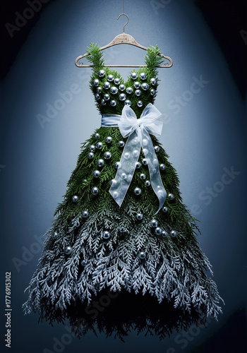 Festive dress made of fir branches adorned with silver ornaments and a white bow hanging on a hanger. A creative holiday concept. Christmas glamour, seasonal fashion, winter celebration.