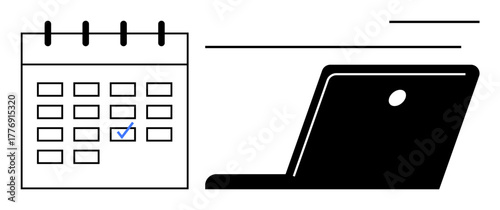 Calendar with a marked date beside a laptop, emphasizing organization, productivity, and planning. Ideal for time management, remote work, scheduling, meetings, deadlines task management simple