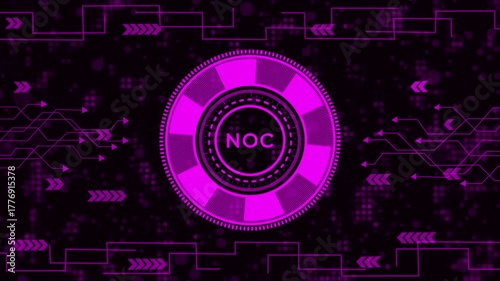 Noc network operations center concept futuristic technology hud interface element purple glowing circle with noc text in the center abstract background with circuit board and arrows