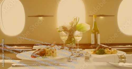 Featuring gourmet plated meals in private jet cabin, with wine, flowers and salt and pepper shakers