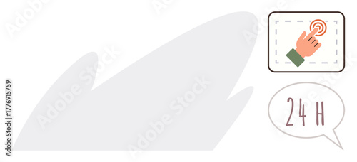 Hand interacting with touchscreen alongside 24-hour label. Ideal for technology, convenience, services, accessibility, customer support, automation, user interface. Simple flat metaphor