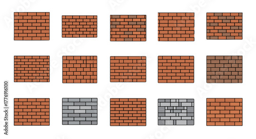 Collection of fifteen diverse brick wall patterns and textures presented in a flat, cartoonish vector style, ideal for graphic design and architectural visualization. Includes various brick colors