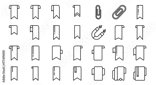 Collection of outline bookmark icons with editable stroke, perfect for infographics, articles, books, flyers, and banners, presented as a vector cartoon illustration with a white background