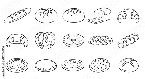 Collection of simple linear outline illustrations of various baked bread products, including baguettes, loaves, croissants, pretzels, donuts, and braided bread, perfect for web, books, cards, and