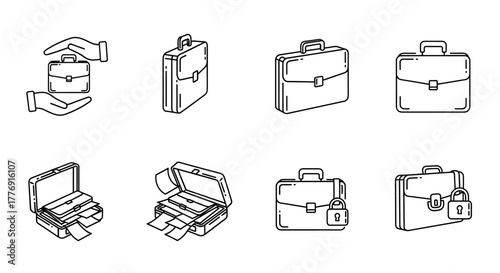 A minimalist, clean, and modern vector illustration depicting a briefcase held securely between two hands, presented in a simple outline linear style, perfect for graphic design, web design, app
