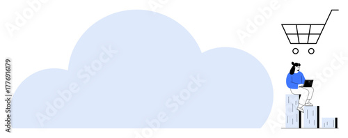 Woman using laptop seated on stacks of data servers beneath a large cloud graphic. Shopping cart above signifies cloud-based online retail. Ideal for technology, e-commerce, cloud computing