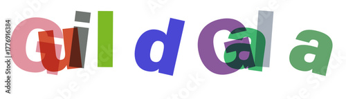 Dynamic guild gala event announcement featuring bold three dimensional overlapping text and vibrant color accents for a sophisticated celebration