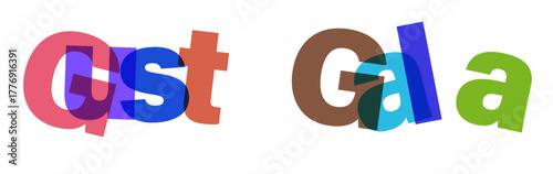 Dynamic overlapping 3d text design for gust gala featuring bold typography and vibrant color gradients for festive events and celebrations