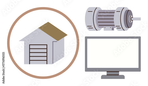 Warehouse icon, electric motor, computer screen illustrating industrial automation, machine control, modern technology. Ideal for industry, innovation, manufacturing, IoT engineering productivity