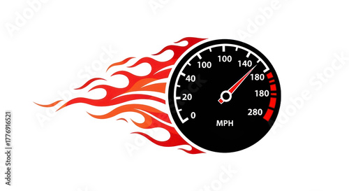 Fiery speedometer illustration on transparent background for speed concept