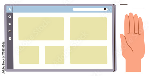 Hand performing gesture next to browser interface with tabbed navigation, search bar, layout thumbnails. Ideal for UI design, digital interaction, web navigation, accessibility, innovation