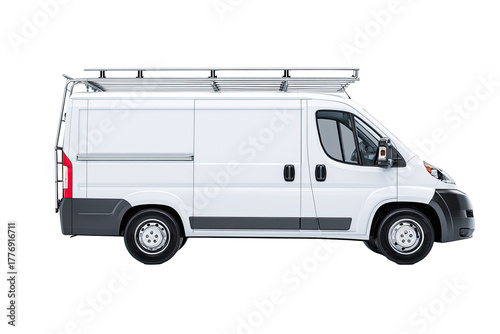 Side view of a white cargo van with rooftop rack