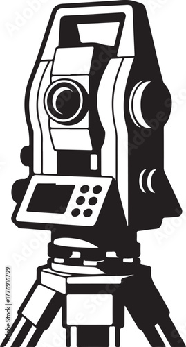 Black and white illustration of a surveying total station on a tripod surveying equipment
