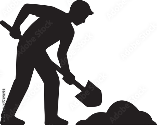 Black and white silhouette illustration of a person digging with a shovel in a pile of dirt