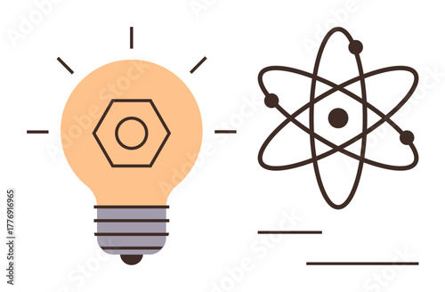 Lightbulb with glowing rays and atom diagram showcasing nucleus and electron orbits. Ideal for innovation, energy, science, creativity, technology, education, problem-solving. Simple flat metaphor