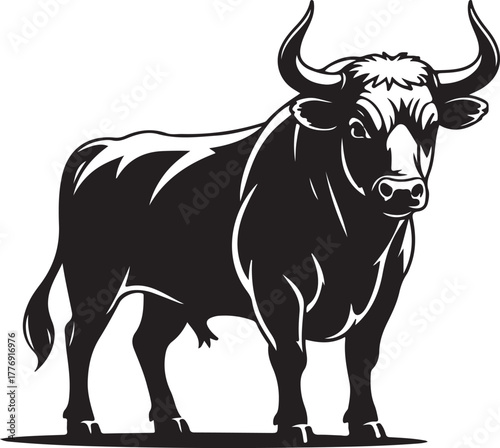Black and white silhouette illustration of a powerful bull standing animal