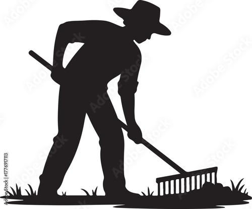 Black and white silhouette of a person wearing a hat raking grass and dirt farmer gardener