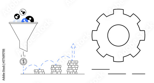 Funnel filtering users into currency, stacks of coins showing growth, and gear symbolizing process optimization. Ideal for marketing, business strategy, process flow, data, investment, efficiency