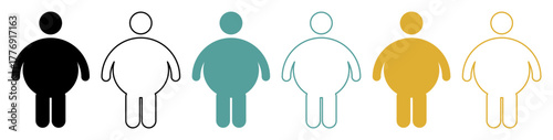 Vector illustration of fat man silhouettes in multiple colors and styles, representing obesity, diabetes, and lifestyle disease issues.