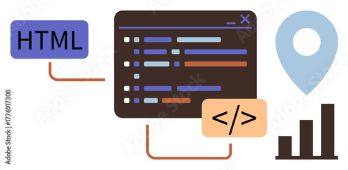 Code block, HTML tag, analytics chart, location pin symbolizing coding, web design, geolocation, data analysis, technology insights programming education project management. A simple flat metaphor