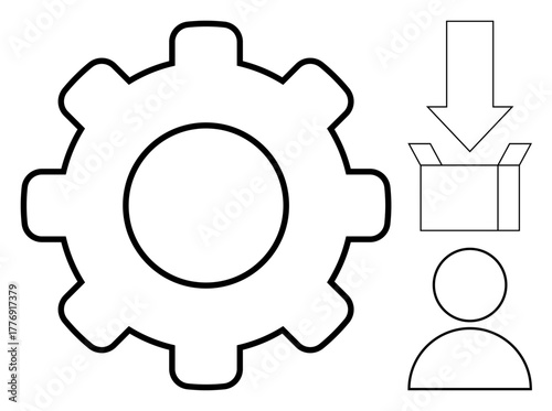 Gear symbolizing system operation, arrow pointing to a box for inputoutput, and user icon for engagement. Ideal for workflow, process, resource management, automation, planning, development simple