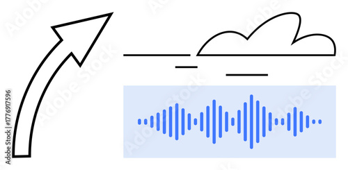 Upward arrow, sound wave graphics, and cloud element symbolizing progress, technology, data processing, and innovation. Ideal for communication, growth, cloud computing digital analytics success
