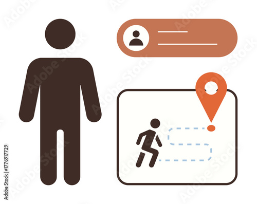 Silhouette person beside profile and journey panel with pin marker. Ideal for navigation, tracking, user experience, geolocation, planning, goals, online identity. Simple flat metaphor