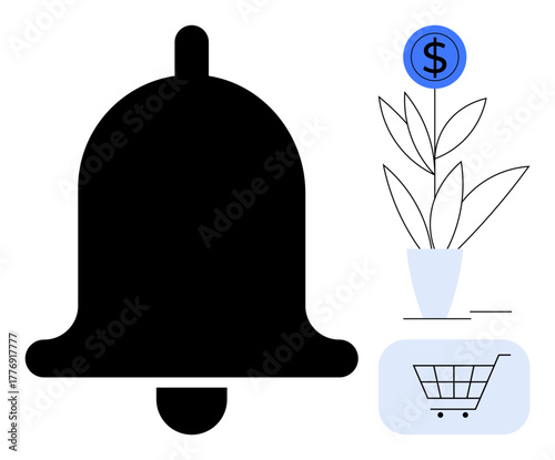 Black notification bell, potted plant with a dollar coin, and shopping cart icon. Ideal for finance, e-commerce, marketing, alerts, investments savings customer engagement. A simple flat metaphor