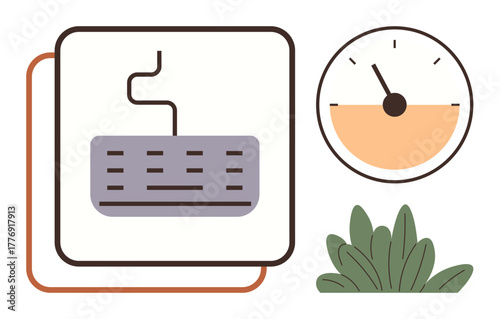 Keyboard with curly cable, speedometer dial, and green leaves. Ideal for work efficiency, time management, productivity, creativity, technology, environment simple flat metaphor