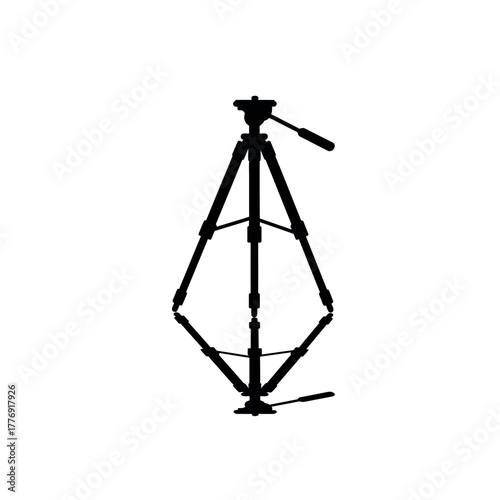 Black silhouette of a professional camera tripod on a white background.