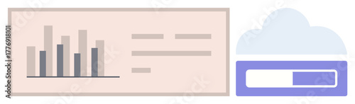 Analytics dashboard with bar chart and statistics paired with cloud icon and progress bar. Ideal for data analysis, cloud computing, storage systems, progress tracking, technology, business