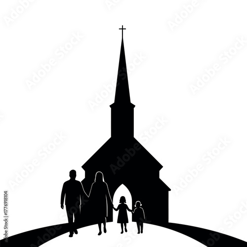Silhouette of a Family Walking to Church.