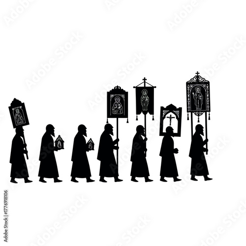 Procession of Monks Silhouette with Religious Banners.