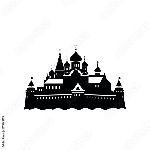 Silhouette of a grand Russian Orthodox church with multiple domes and spires.