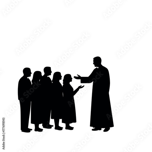 Silhouette of a priest speaking to people.