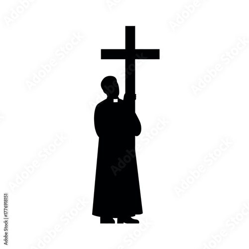 Silhouette of a Priest Holding a Cross.