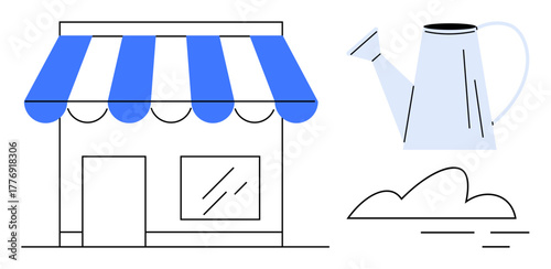 Small storefront with striped blue awning, a watering can beside it, and a simplistic cloud. Ideal for small business, gardening, local store, growth, sustainability eco-awareness startup. Simple