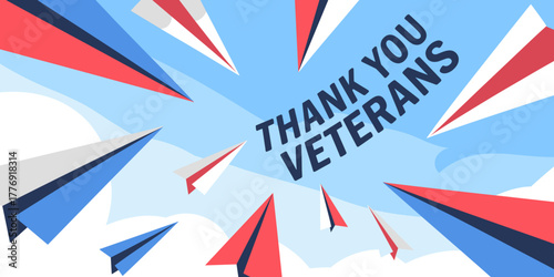 Thank You Veterans text with red white and blue paper planes flying in sky, patriotic flat vector illustration