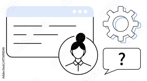 Browser window, person icon, chat bubble, question mark, and gear illustrating user assistance, customer satisfaction, tech support, problem-solving service management and efficiency. Simple flat