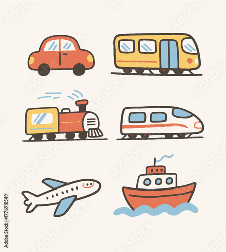 A charming collection of hand-drawn cartoon transportation vehicles, featuring doodle illustrations of cars, trains, airplanes, and boats, perfect for playful designs and educational content