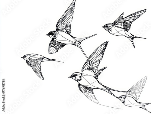 A flight of swallows graces the sky, their forms outlined in elegant black lines against a pristine white background. Graceful and serene.