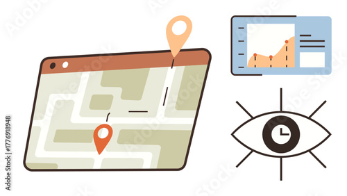 Map with location pins, data chart graph tracking growth, and eye focused on a clock. Ideal for navigation, analytics, technology, time management, strategy growth analysis decision-making. Simple