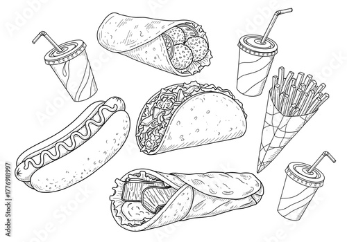 Set of hand-drawn street food vector illustrations with tacos, wraps, fries, hot dogs and drinks for fast food branding and menu design