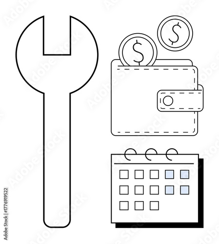 Wallet holding coins beside a wrench and calendar representing budgeting, maintenance, financial planning, savings, deadline management, repair costs, and investment a simple flat metaphor