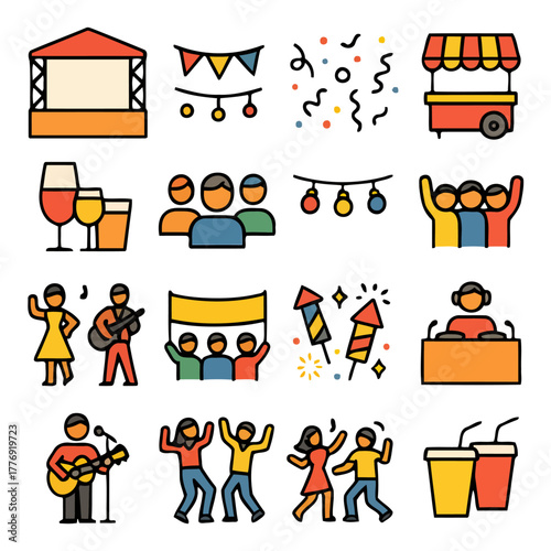 Festival and celebration illustration: A colorful vector illustration of various elements commonly associated with festivals and celebrations, showcasing a vibrant array of icons.