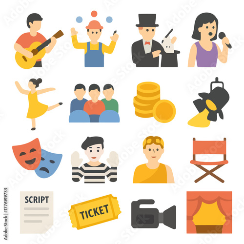 Artistic Expressions: A vibrant array of illustrations captures diverse performing arts. Depicting a guitarist, a juggler, a magician with his rabbit, a singer with microphone, a dancer, audience.