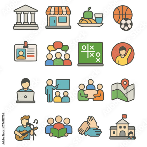 Versatile Icon Collection: A comprehensive compilation of vibrant icons, perfectly suited for diverse educational, communal, and professional contexts.