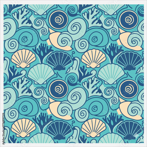 Batik Vibrant seamless pattern of stylized ocean shells and sea elements in shades of blue and beige on a light blue background.