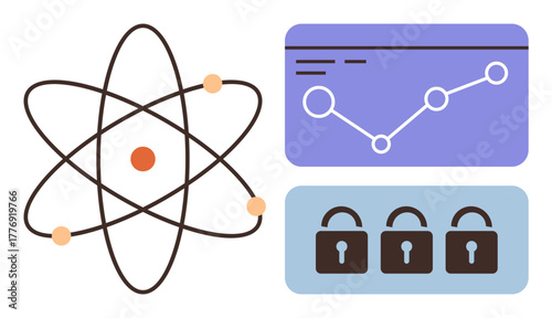 Atomic model alongside a graph and padlocks emphasizing innovation, research, security, and data. Ideal for science, technology, analytics, data security education innovation research. Simple flat