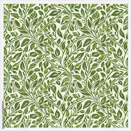 Batik Seamless pattern of intertwined green leaves on white background with natural, organic design and calming mood.